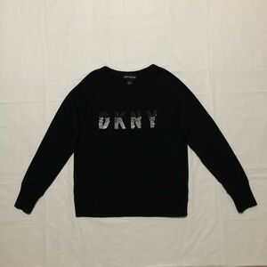 DKNY Women’s Long Sleeve Pullover Stretch Sequin Logo Black Sweater S